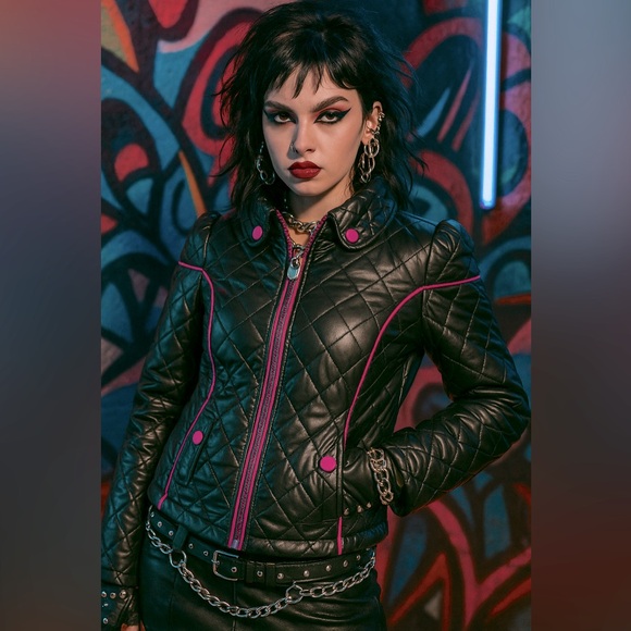 SUGARFLY Quilted Puffer Moto Jacket Coat Zip Up Pockets Black Neon Pink Medium - Picture 12 of 13